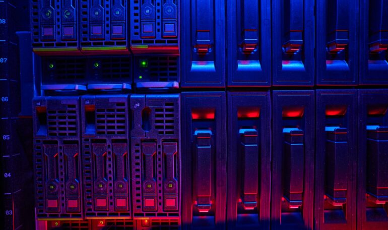 Modern high tech telecommunications operational super computer in server room